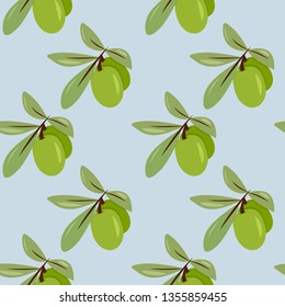 Seamless pattern with a sprig of olive. Background design for olive oil, natural cosmetics. Best for wrapping paper. Pattern of olives with leaves for your design, packing, leaflets, signboards.