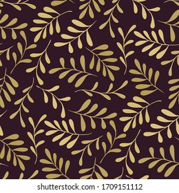 Seamless Pattern of sprig plants. Combination monochrome colors of gold in dark background. Vintage floral Pattern for card, greeting, weeding, invitation, fabric, print, cover, interior, and more.