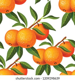 Seamless pattern with a sprig of tangerines and leaves