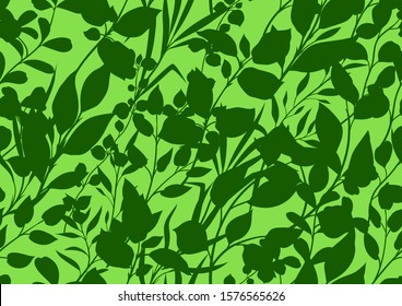 Seamless pattern of sprigs with green leaves. Decorative natural plants.