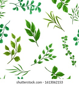 Seamless pattern of sprigs with green leaves. Decorative natural plants.