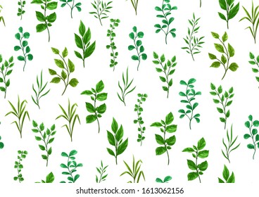 Seamless pattern of sprigs with green leaves. Decorative natural plants.