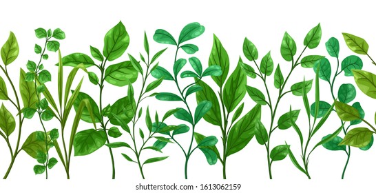 Seamless pattern of sprigs with green leaves. Decorative natural plants.