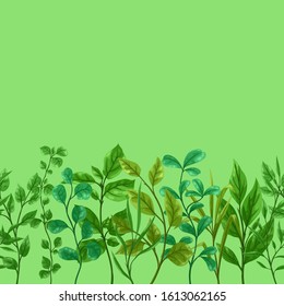 Seamless pattern of sprigs with green leaves. Decorative natural plants.
