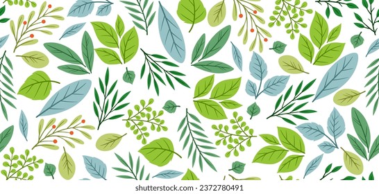 Seamless pattern of sprigs with green leaves. Decorative natural plants.