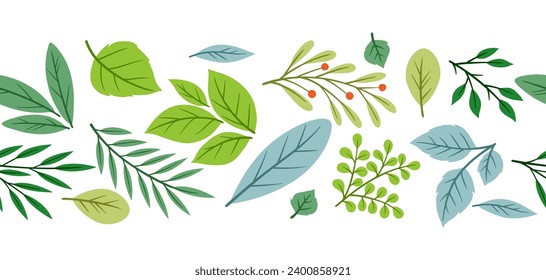 Seamless pattern of sprigs with green leaves. Decorative natural plants.