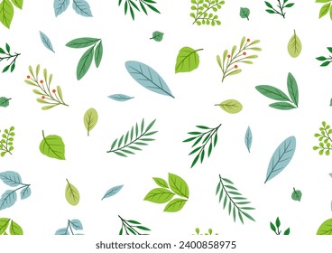 Seamless pattern of sprigs with green leaves. Decorative natural plants.