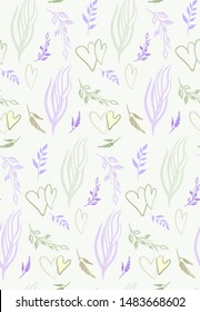 seamless pattern with sprigs and hearts with the inscription magical dreams. delicate shades of purple and green