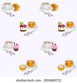 Nahtloses Muster mit Lavendel, Desserts, Tassen Kaffee und Tee. Vektorgrafik.
