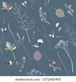 Seamless pattern with sprigs, leaves, blades of grass, inflorescences and seeds on a dusty blue background. Vector illustration with plants. Delicate pastel colors. EPS 10