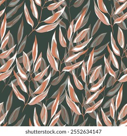 Padrão contínuo com molas. Ilustração de stock de vetor para tecido, têxtil, papel de parede, cartazes, papel. Impressão de moda. Ramo com folhas de monstro. Estilo Doodle.