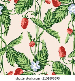 Seamless pattern from sprigs wild strawberries sketches