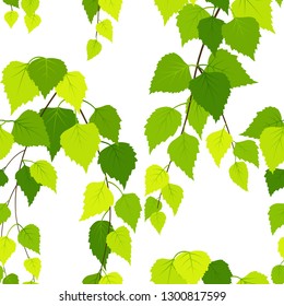 Seamless pattern with spring birch branches on white background. Vector colored flat style endless texture. 