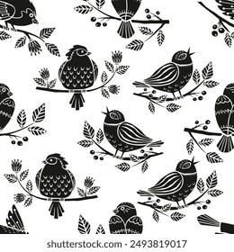 Seamless pattern Spring bird sitting on a branch with flowers and berries in linocut style. Birds silhouette vector illustration