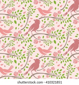 Seamless pattern of spring birds in branches with leaves and flowers. Vector illustration