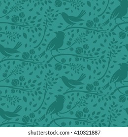 Seamless pattern of spring birds in branches with leaves and flowers. Vector illustration