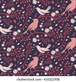 Seamless pattern of spring birds in branches with leaves and flowers. Vector illustration