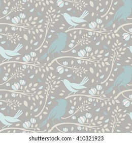 Seamless pattern of spring birds in branches with leaves and flowers. Vector illustration