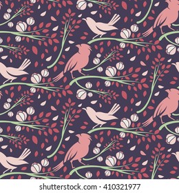 Seamless pattern of spring birds in branches with leaves and flowers. Vector illustration