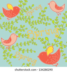 Seamless pattern, spring, birds, plants. Vector