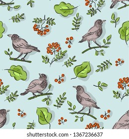 Seamless pattern with spring birds starlings