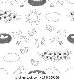 Seamless pattern spring black and white colors vector illustration. Flowers birds nest insects clouds sun