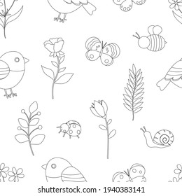 Seamless pattern spring black and white colors flowers birds insects vector illustration	
