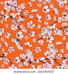 Seamless pattern Spring blooming flowers branch Sakura cherry