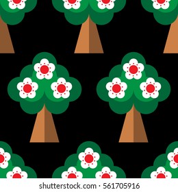 Seamless pattern with Spring blooming orchard in flat style. Flowering trees isolated on the black background. Vector.