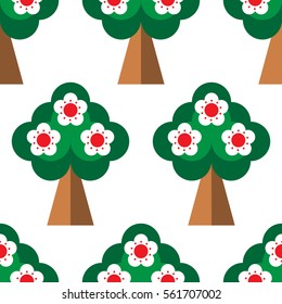 Seamless pattern with Spring blooming orchard in flat style. Flowering trees isolated on the white background. Vector.