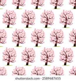 Seamless pattern spring blossom cherry tree with flower isolated on white background. Vector flat illustration.