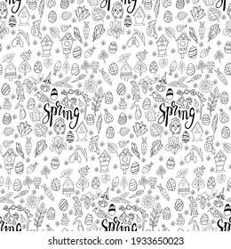 Seamless pattern with spring botanical elements in vector. Elements of floral design in the style of a doodle sketch.  birds, birdhouses, beetles Easter eggs. For invitations drawings for Easter.