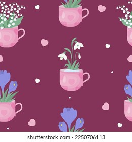 Seamless pattern. Spring Bouquet flowers of snowdrop, May lilies of the valley and purple crocuses in cups on magenta background. Vector illustration for decor, design, packaging, wallpaper, textile