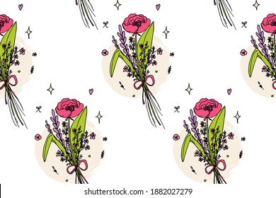 Seamless pattern. Spring bouquet on white background.  Botanical, bright, feminine pattern. Cute bouquet with pink peony flower. For prints and designs on fabric, clothing, paper, objects. Vector.