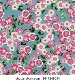 Seamless pattern. Spring bouquets of carnations on a background of green leaves. Random arrangement of elements.