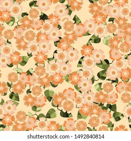 Seamless pattern. Spring bouquets of carnations on a background of green leaves. Random arrangement of elements.