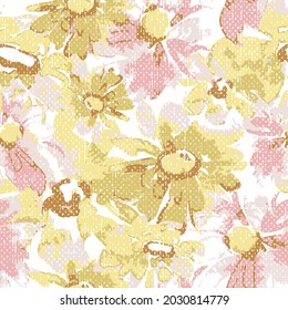 seamless pattern with spring bright loose flowers on white background. Vibrant floral slub texture. Expressive floral background for web pages, wedding invitations, textile, wallpaper.