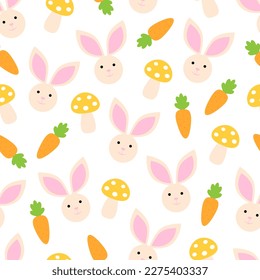 Seamless pattern spring Bunny carrot mushroom vector illustration