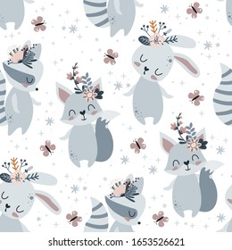 seamless pattern with spring bunny, fox and raccoon on a white background - vector illustration, eps