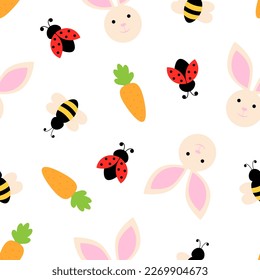 Seamless pattern spring Bunny insect carrot vector illustration
