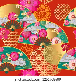 Seamless pattern with spring chinese fans