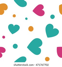 Seamless pattern with spring colored hearts and dots on a white background. Vector repeating texture.
