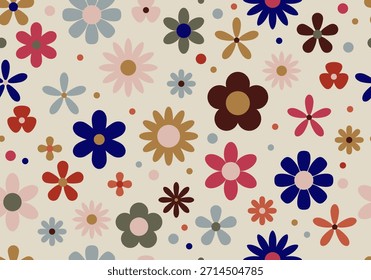 Padrão contínuo de elementos florais coloridos da primavera. Padrão de fundo de textura de flor de doodle divertido com estilo infantil. Design para tecido, capa, revestimento, papel de parede
