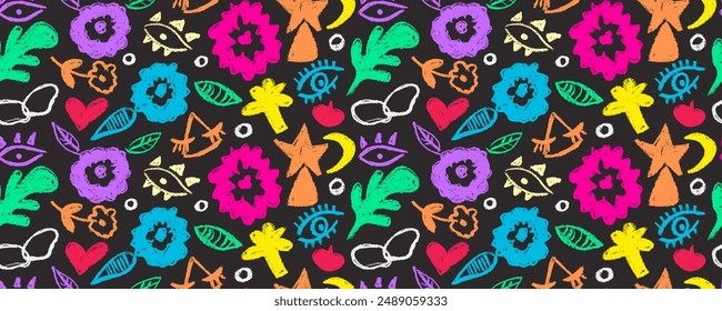 Seamless pattern with spring colorful flowers and diferent shapes - eyes, flowers,  leaves,  apple. Floral silhouettes with  leaves. Grunge dry brushstroke drawing.  Hand drawn vector print, 