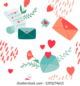 Seamless pattern with spring composition. Love letters, envelopes, flowers, leaves, birds, birdhouses.  Vector flat cartoon style.