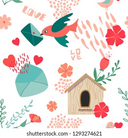 Seamless pattern with spring composition. Love letters, envelopes, flowers, leaves, birds, birdhouses.  Vector flat cartoon style.