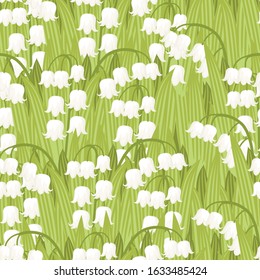 Seamless pattern spring convallaria majalis lilly of the valley green flower pattern and grass flat vector illustration