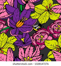 Seamless pattern of spring crocuses on black background. Vector illustration.