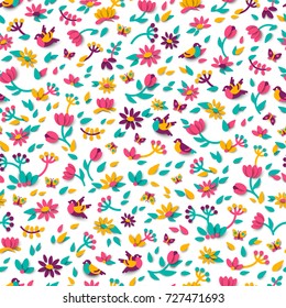 Seamless pattern with spring cute 3d paper cut design elements. Vector illustration. Floral natural shapes, flowers, berries and leaves. Pink tulips, sparrow bird and butterfly.