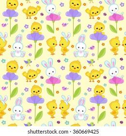 Seamless pattern spring with cute bunny and chicken.